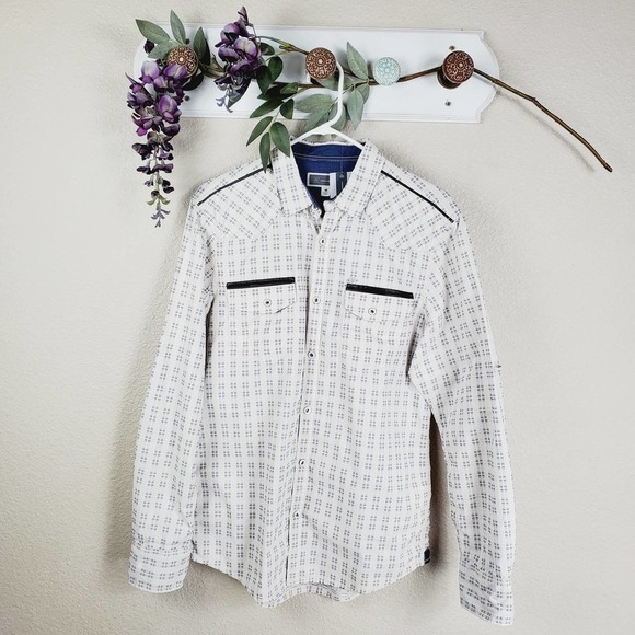 INC Style Oatmeal Faux Leather Trim Button-up Top - Picture 1 of 12